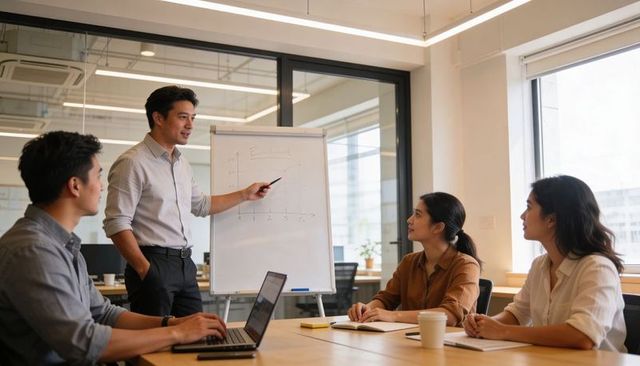 Leading business meeting with flip chart showing upward growth trend in modern office