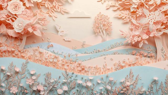 Pastel paper-cut floral landscape diorama with layered hills and handcrafted papercraft flowers