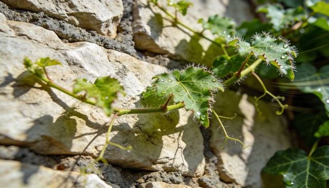 Hairy vine climbing sunlit limestone wall with serrated leaves and dew-covered tendrils