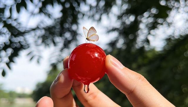 Holding glossy red orb between fingers with delicate butterfly and dripping water droplet