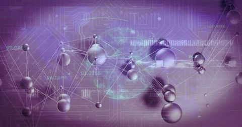 Violet holographic network with metallic spheres, globe and data readouts for technology