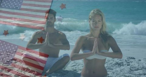Couple Meditating on Beach, American Flag Overlays Creating Spirit of Unity