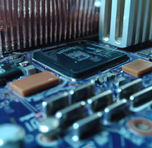Macro close-up of computer circuit board details showing intricate electronic components with a heat sink. Useful for technology blogs, educational materials on electronics, and backgrounds for tech presentations.