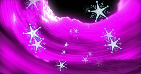 Digital Snowflakes Over Vibrant Purple Waves with Star Icons