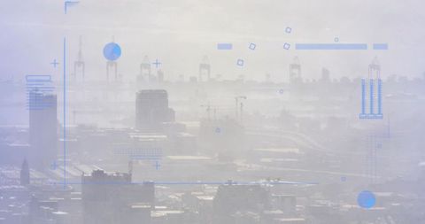Urban skyline with cranes rising through haze and futuristic HUD overlays