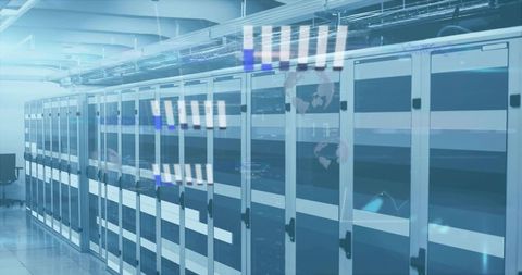 High-density server racks in data center showing reflective glass doors and blue LEDs