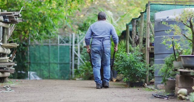 Back view of caucasian male gardener walking with wheelbarrow at garden center - Download Free Stock Photos Pikwizard.com