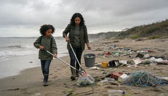 Mother and daughter collecting plastic on littered beach during coastal cleanup