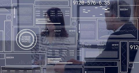 Business Team Discussing Data Behind Glass Wall With Futuristic HUD Overlays and Laptop