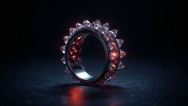 Futuristic ring with triangular gemstones radiating red light