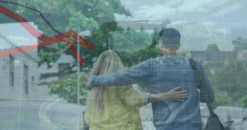 couple walking on financial data interface overlay - Download Free Stock Images Pikwizard.com