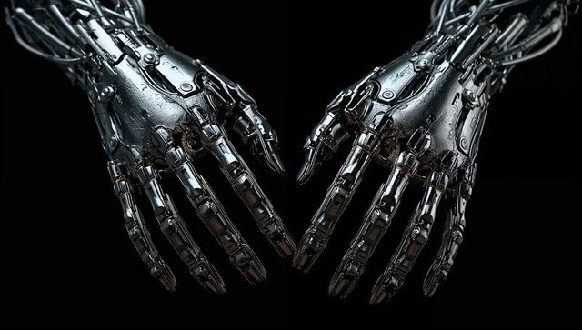 Hovering chrome robotic hands presenting precision cybernetic engineering and reflective detail