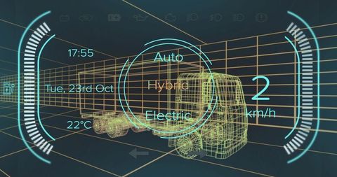 Futuristic truck hud display with hybrid electric drive-mode selector and 3d wireframe