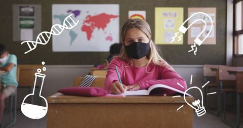 Masked Schoolchildren Studying with Science Icons