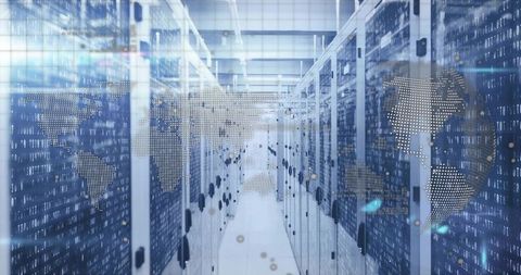 Data Center with Digital World Map Overlay Visualizing Global Connectivity