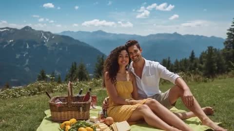 Romantic couple enjoying mountain picnic on alpine meadow while camera is pulling in