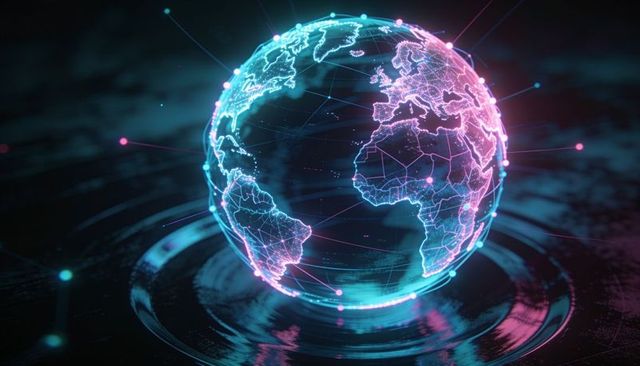 Hovering holographic globe connecting global networks with neon cyber mesh and data nodes