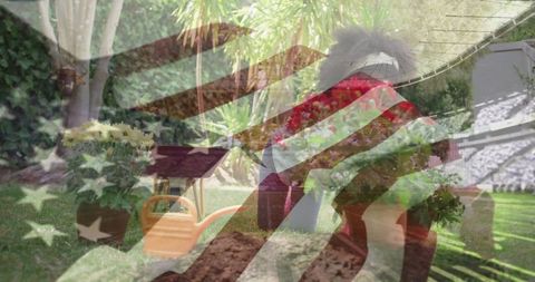 Patriotic Spirit: Young Girl Enjoying Gardening in Backyard