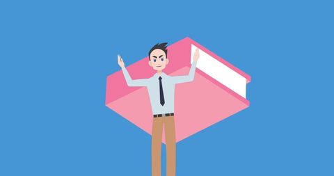 Digital illustration of man celebrating with book symbol