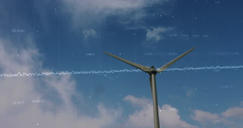 Wind Turbine with Data Analytics Overlay Against Blue Sky