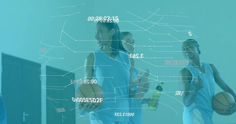 Women basketball team walking locker corridor holding balls and water with holographic hud