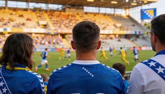 Back view fans watching evening football match wearing blue jerseys and yellow scarves