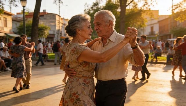 Senior couple dancing in sunlit plaza embracing tender romance, warmth and community celebration