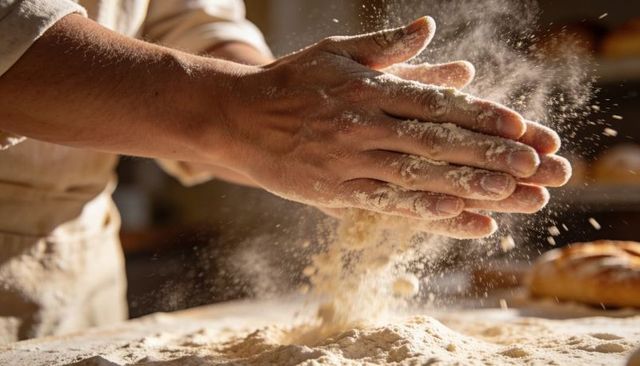 Baker clapping flour over dough creating rustic dusting effect and warm bakery mood