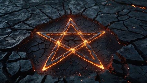Molten pentagram radiates in dramatic barren landscape