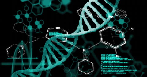 Animated DNA Strand with Chemical Formulas on Dark Background