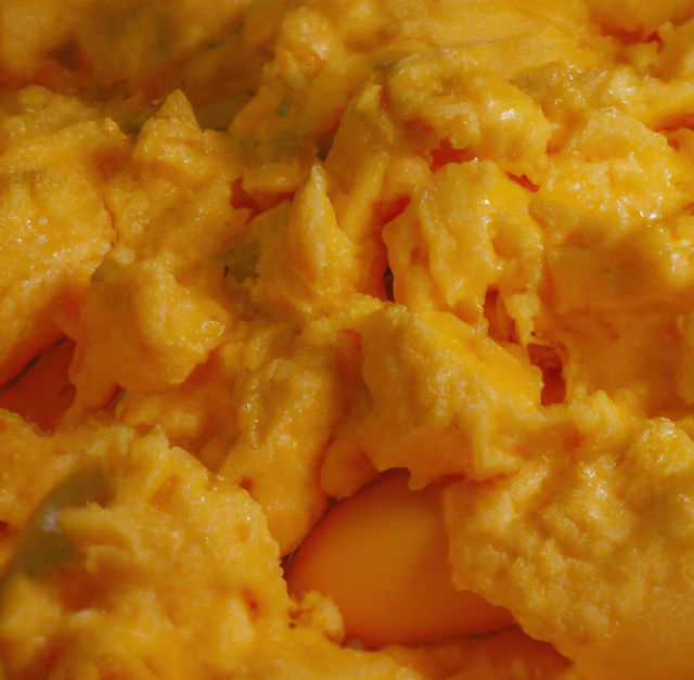 Close-up of freshly made creamy scrambled eggs. Ideal for food blogs, breakfast recipe articles, nutrition-focused content, or culinary websites. The vibrant yellow color and rich texture appeal to health-conscious individuals and food enthusiasts.