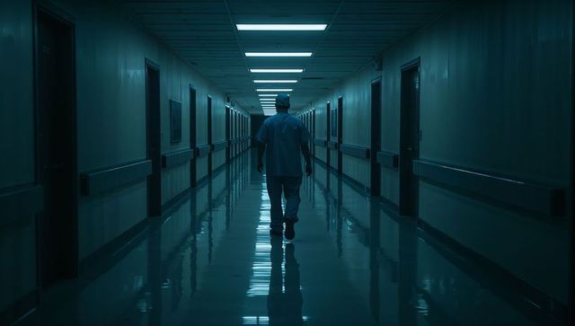 Night hospital corridor with walking medical worker in scrubs reflecting on shiny floor