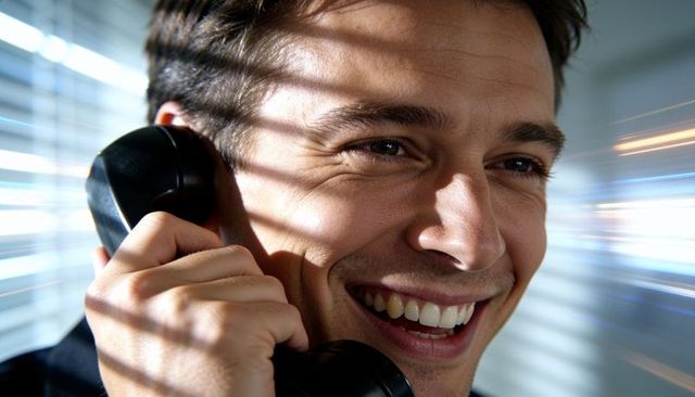 Smiling businessman talking on telephone handset with blinds shadows and light streaks