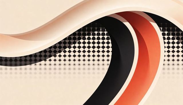 Flowing curved ribbons with halftone grid on beige minimalist geometric background
