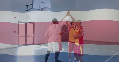 Diverse Basketball Players Celebrating with Costa Rica Flag Overlay