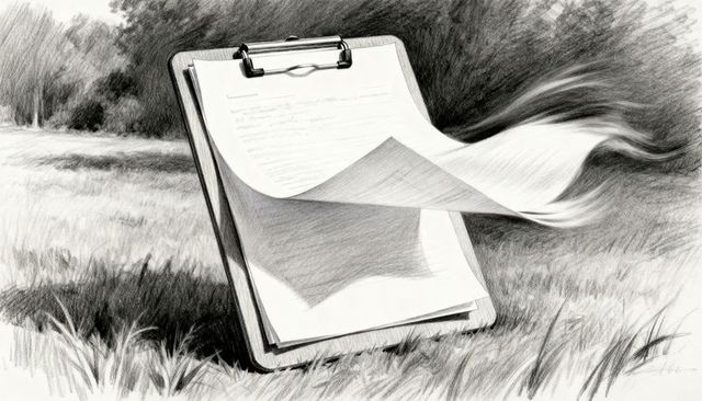 Wooden clipboard leaning in windy meadow with curling paper and pencil sketch texture