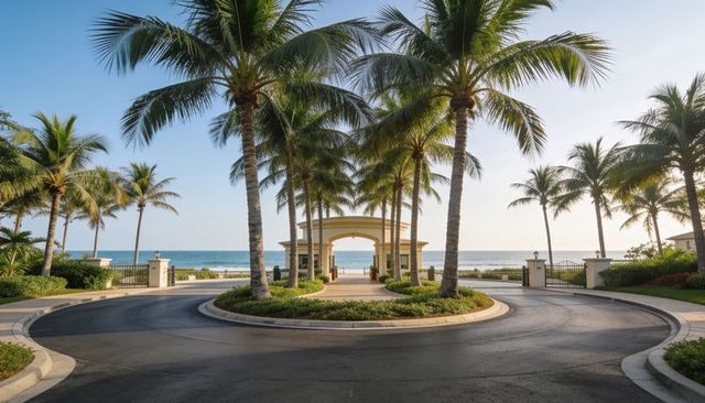 Palm-lined circular driveway framing arched pavilion leading to ocean horizon