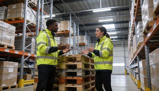 Warehouse workers discussing logistics beside stacked pallets in high-visibility jackets