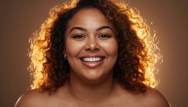 Smiling curly-haired woman glowing in warm backlight natural beauty portrait headshot glow
