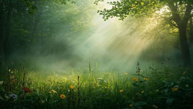 Morning sunbeams piercing misty forest clearing with wildflowers, dew and soft fog