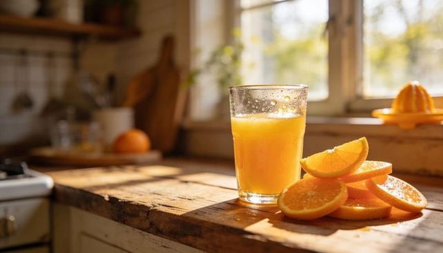 Sunlit rustic morning glass of orange juice with fresh orange slices on wood counter