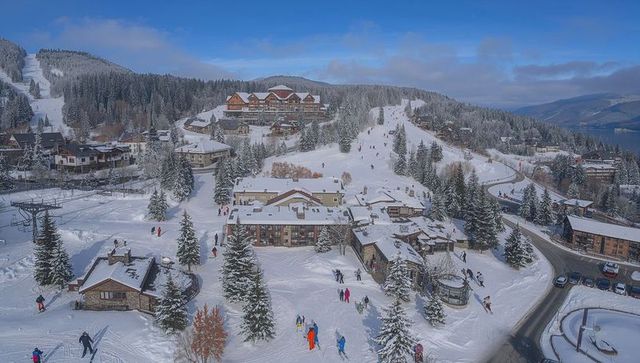 Alpine ski resort chalets bustling with families and skiers on snowy slopes and evergreen mountainsi