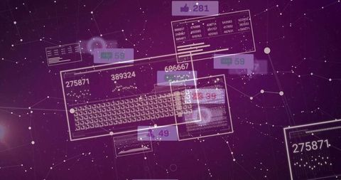 Floating Holographic Keyboard and Glowing Data Dashboard Connecting Network Nodes