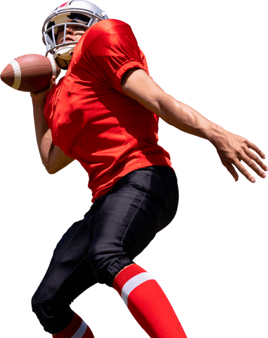American football player throwing ball on transparent background