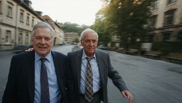Two senior businessmen walking together on historic european street showing camaraderie