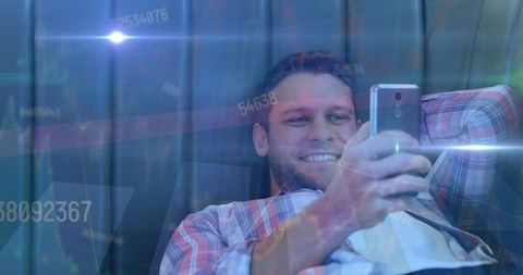 Modern Man Using Smartphone with Digital Data Overlay