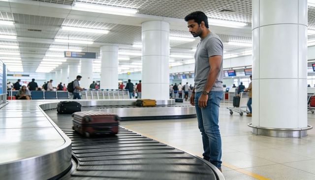 Standing indian man watching rolling suitcases on airport baggage carousel during wait