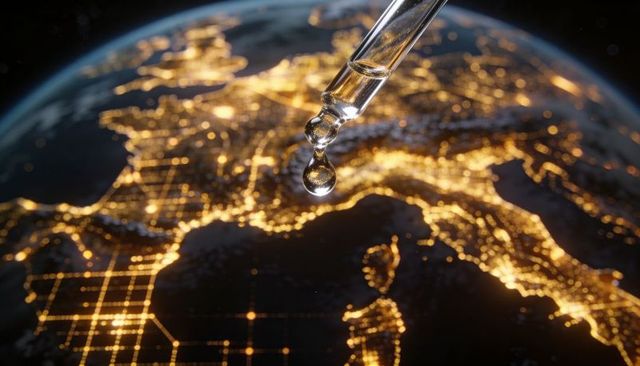 Pipette droplet hovering over nighttime europe with illuminated city grid and data network