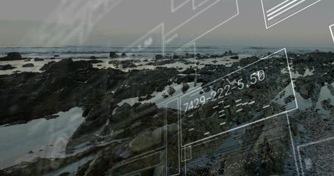 Misty Coastal Tide Pools Featuring Futuristic HUD Overlay and Numeric Readouts