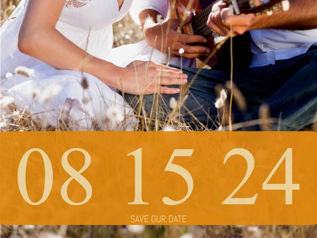 Romantic Couple Save the Date with Guitar in Field - Download Free Stock Videos Pikwizard.com
